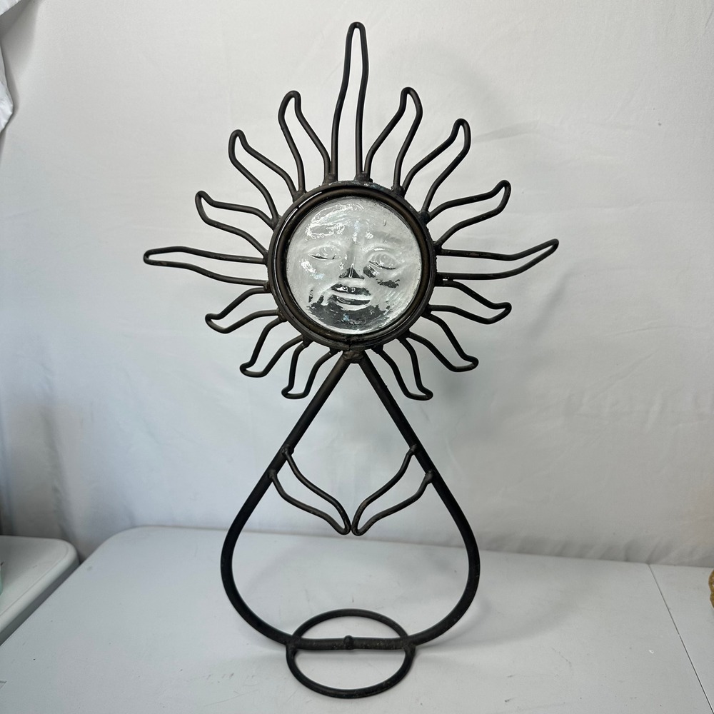 Vintage Celestial Sun Face Wrought Iron Candle Holder Glass Sunburst Decor 20"